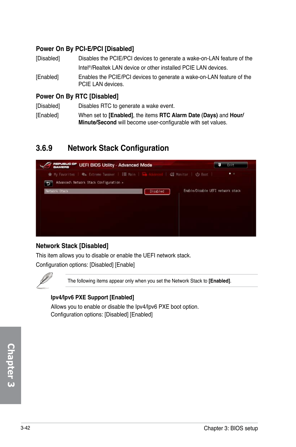 9 network stack configuration, Network stack configuration -42, Chapter 3 | Asus MAXIMUS VI IMPACT User Manual | Page 126 / 222