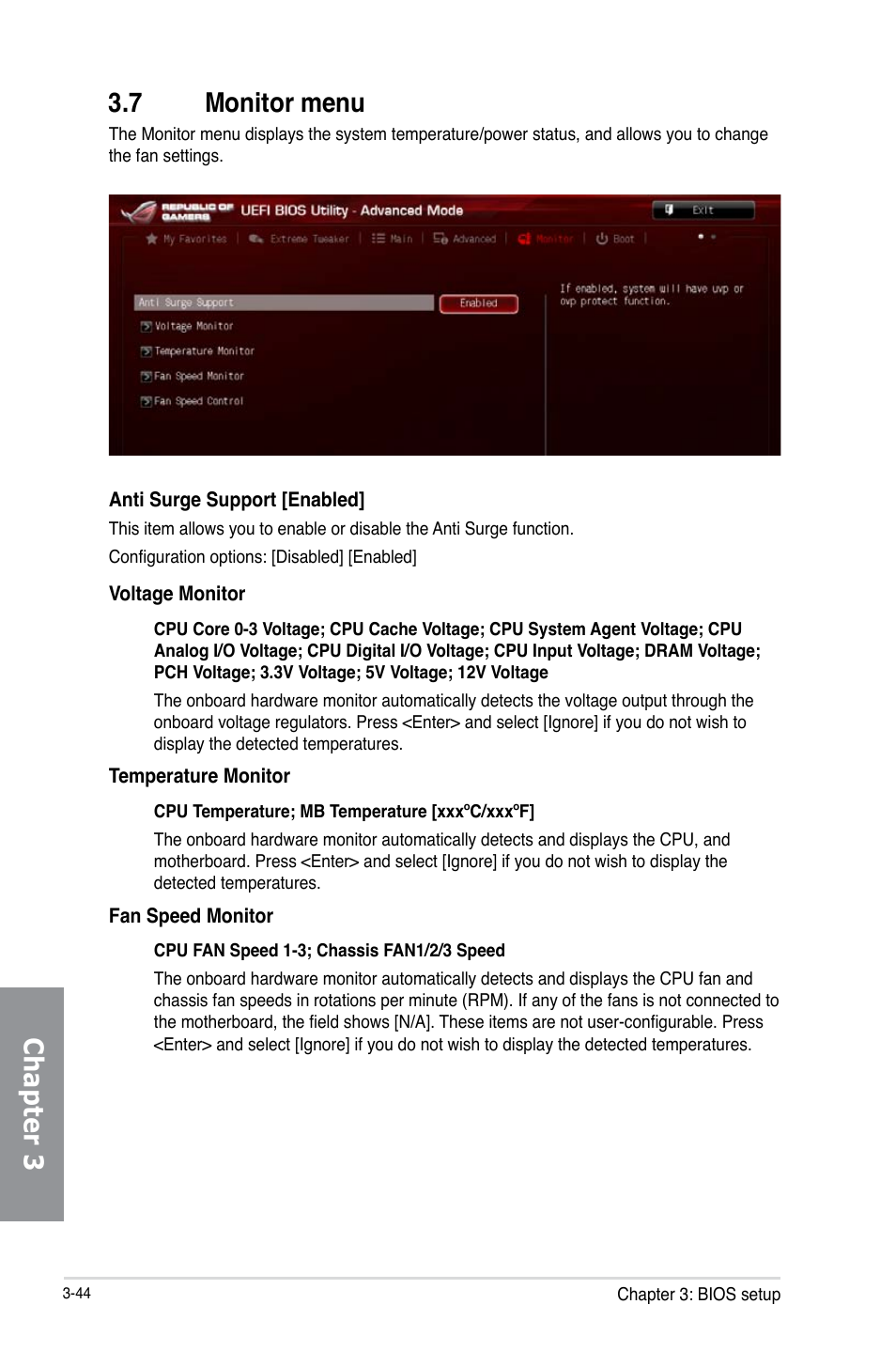 7 monitor menu, Monitor menu -44, Chapter 3 3.7 monitor menu | Asus MAXIMUS VI IMPACT User Manual | Page 128 / 222