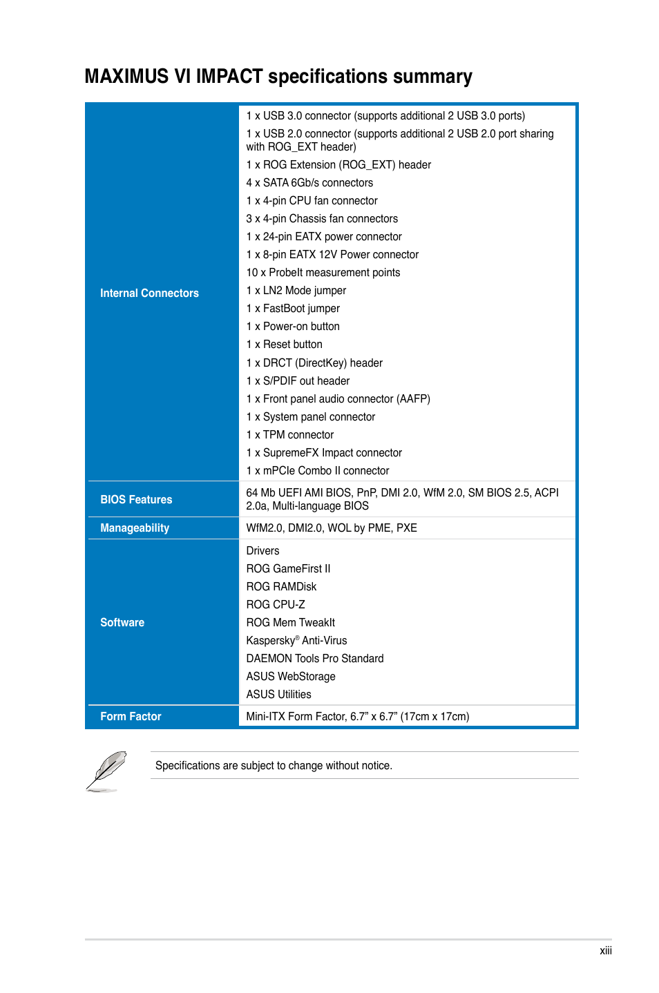Maximus vi impact specifications summary | Asus MAXIMUS VI IMPACT User Manual | Page 13 / 222