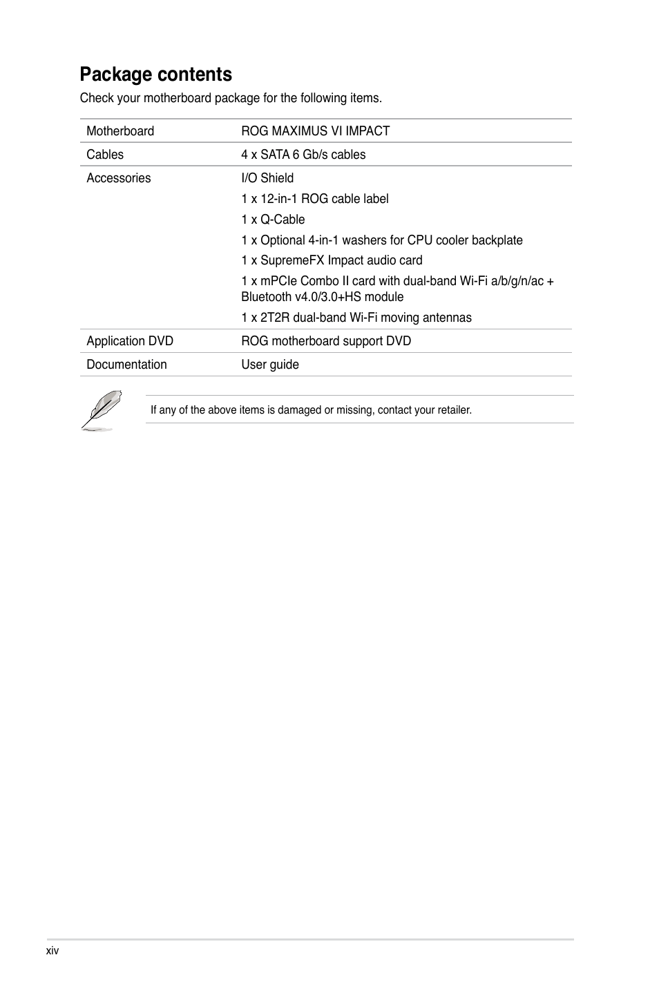 Package contents | Asus MAXIMUS VI IMPACT User Manual | Page 14 / 222