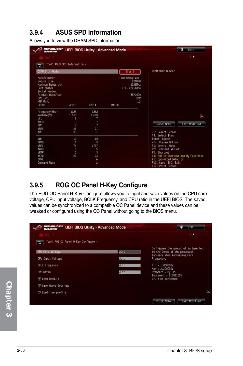 4 asus spd information, 5 rog oc panel h-key configure, Asus spd information -56 | Rog oc panel h-key configure -56, Chapter 3 | Asus MAXIMUS VI IMPACT User Manual | Page 140 / 222