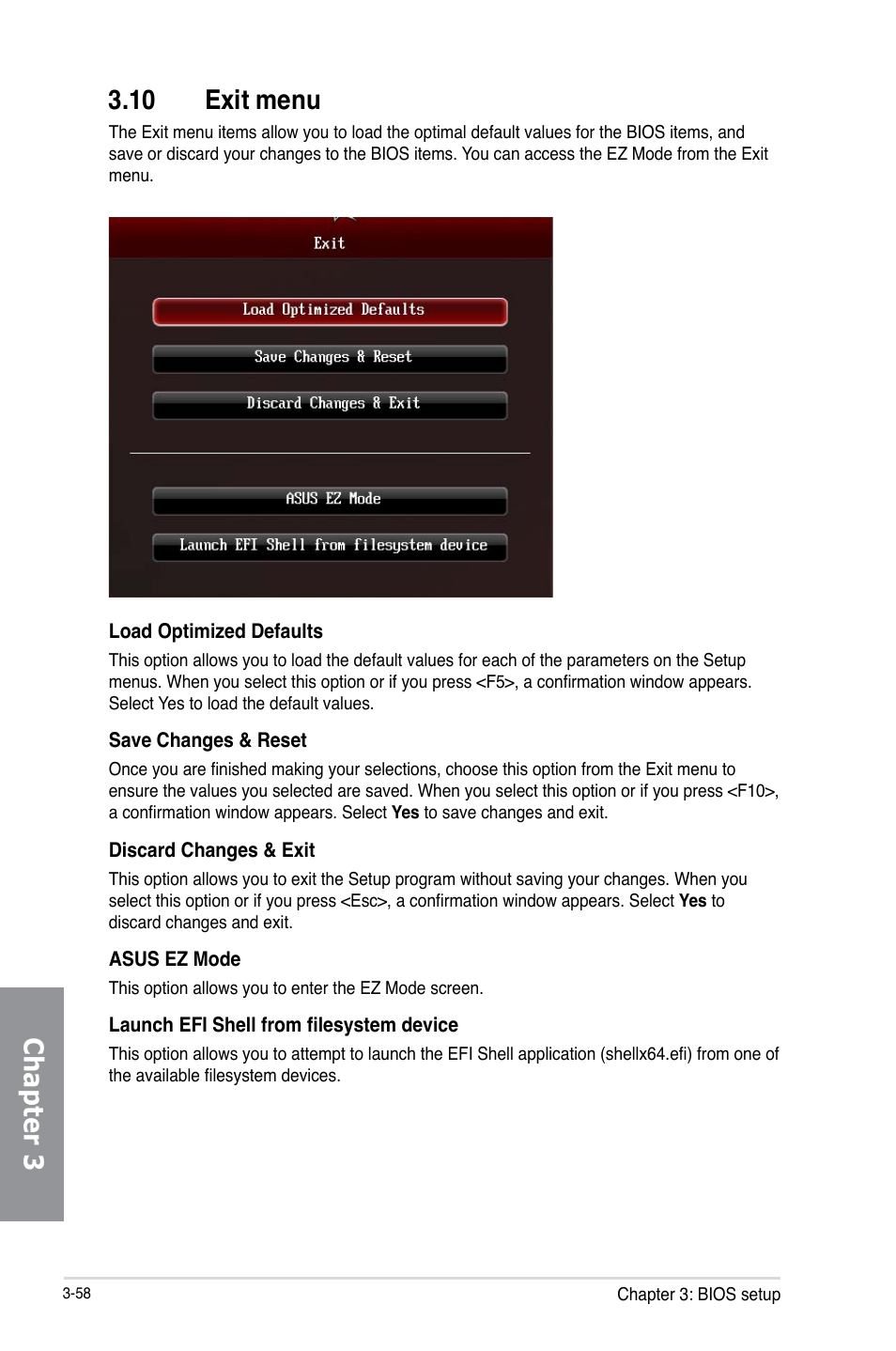 10 exit menu, Exit menu -58, Chapter 3 3.10 exit menu | Asus MAXIMUS VI IMPACT User Manual | Page 142 / 222