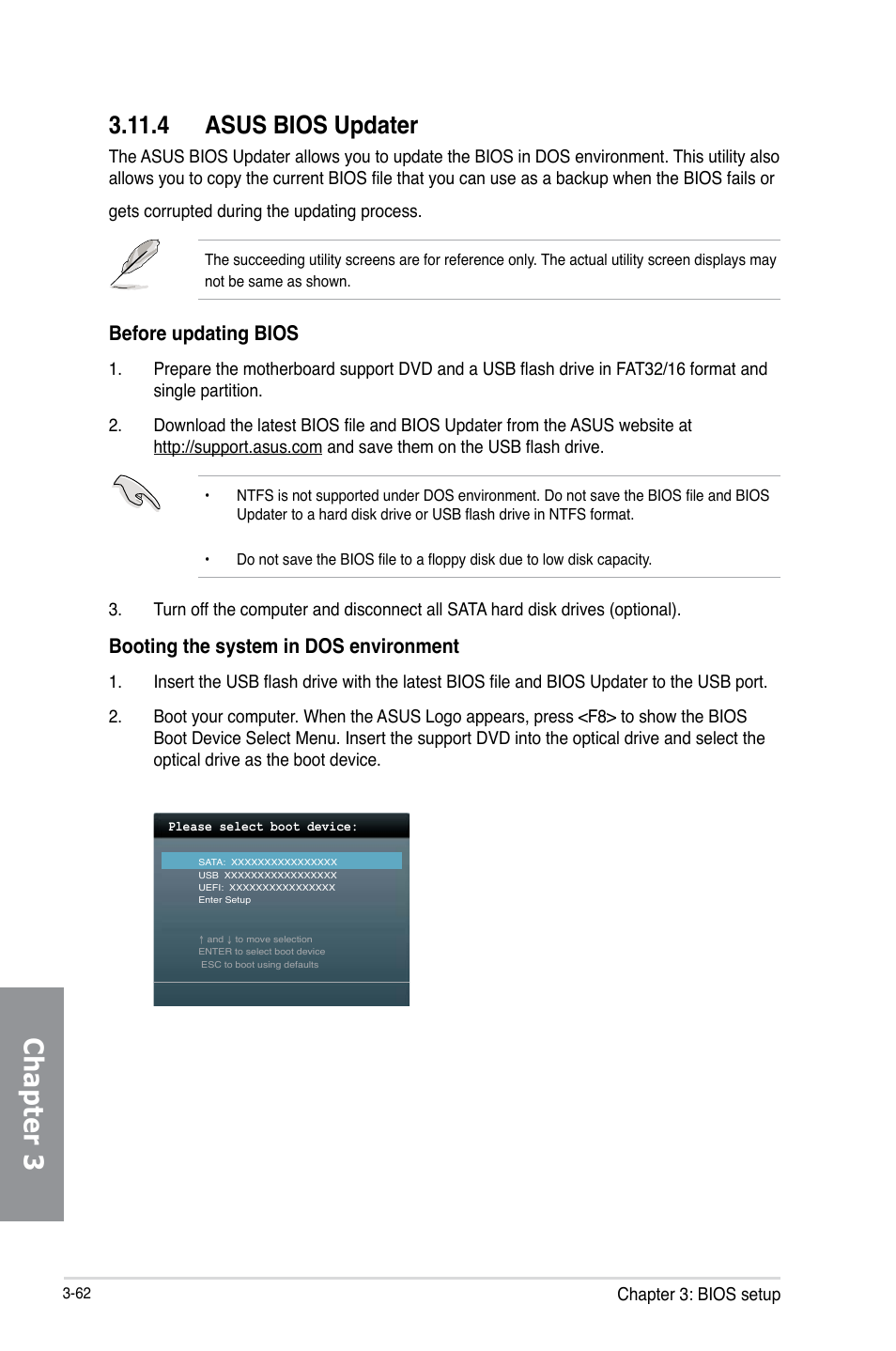 4 asus bios updater, Asus bios updater -62, Chapter 3 | Before updating bios, Booting the system in dos environment, Chapter 3: bios setup | Asus MAXIMUS VI IMPACT User Manual | Page 146 / 222