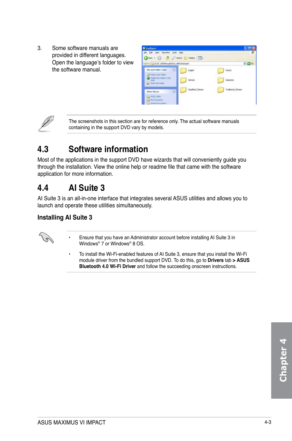 3 software information, 4 ai suite 3, Software information -3 | Ai suite 3 -3, Chapter 4 | Asus MAXIMUS VI IMPACT User Manual | Page 151 / 222