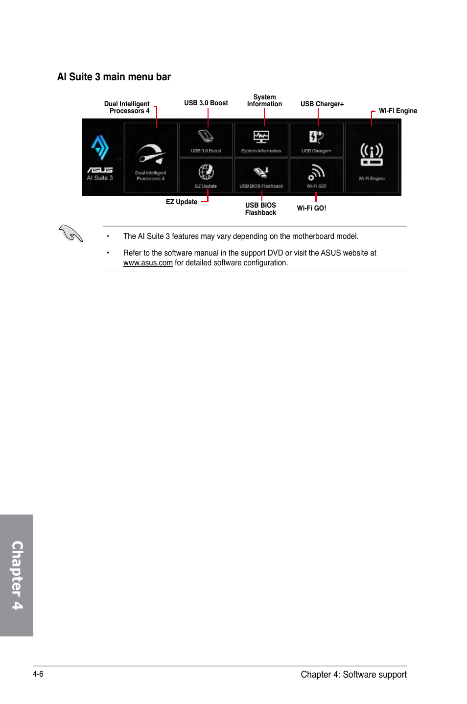 Chapter 4, Ai suite 3 main menu bar | Asus MAXIMUS VI IMPACT User Manual | Page 154 / 222