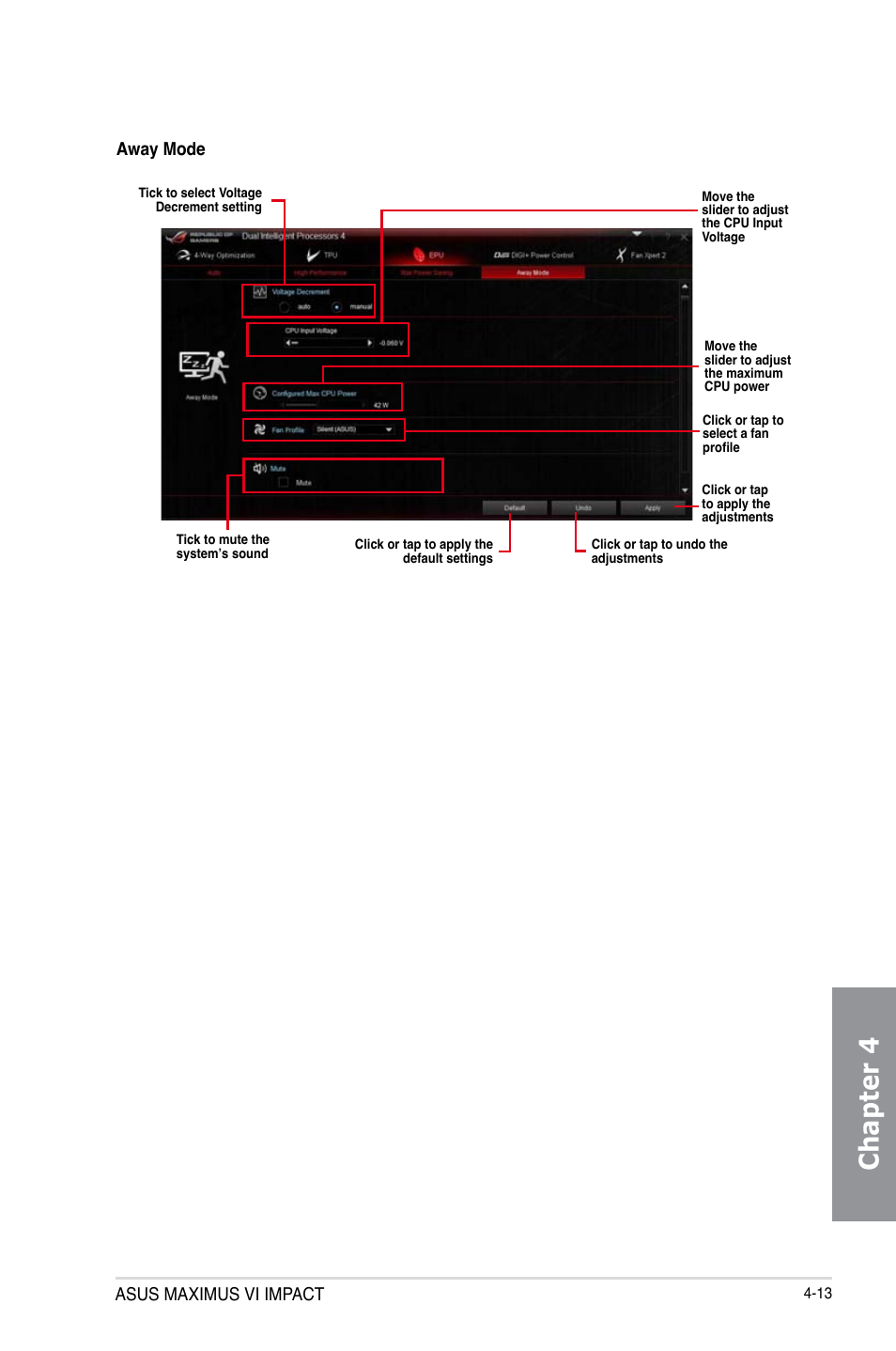 Chapter 4, Asus maximus vi impact, Away mode | Asus MAXIMUS VI IMPACT User Manual | Page 161 / 222