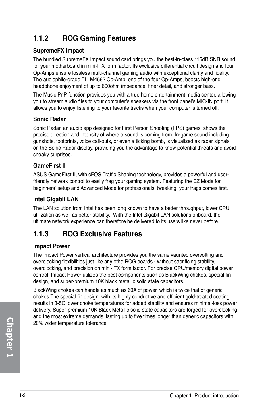 2 rog gaming features, 3 rog exclusive features, Rog gaming features -2 | Rog exclusive features -2, Chapter 1 | Asus MAXIMUS VI IMPACT User Manual | Page 18 / 222