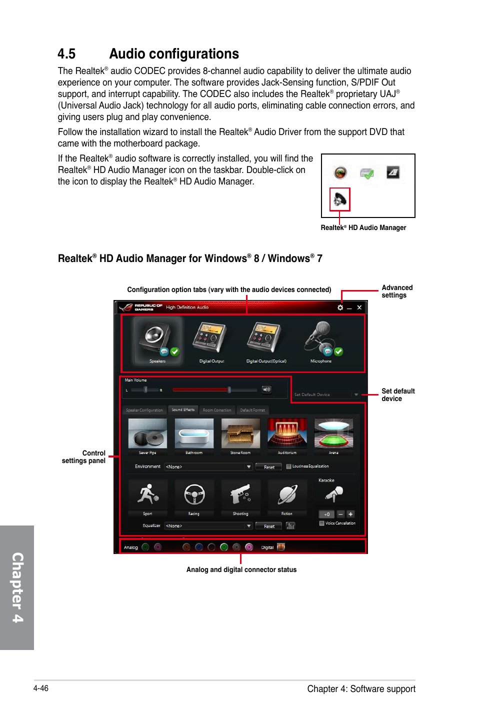 5 audio configurations, Audio configurations -46, Chapter 4 4.5 audio configurations | Realtek, Hd audio manager for windows, 8 / windows | Asus MAXIMUS VI IMPACT User Manual | Page 194 / 222