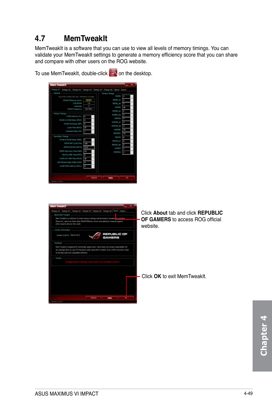 7 memtweakit, Memtweakit -49, Chapter 4 4.7 memtweakit | Asus MAXIMUS VI IMPACT User Manual | Page 197 / 222