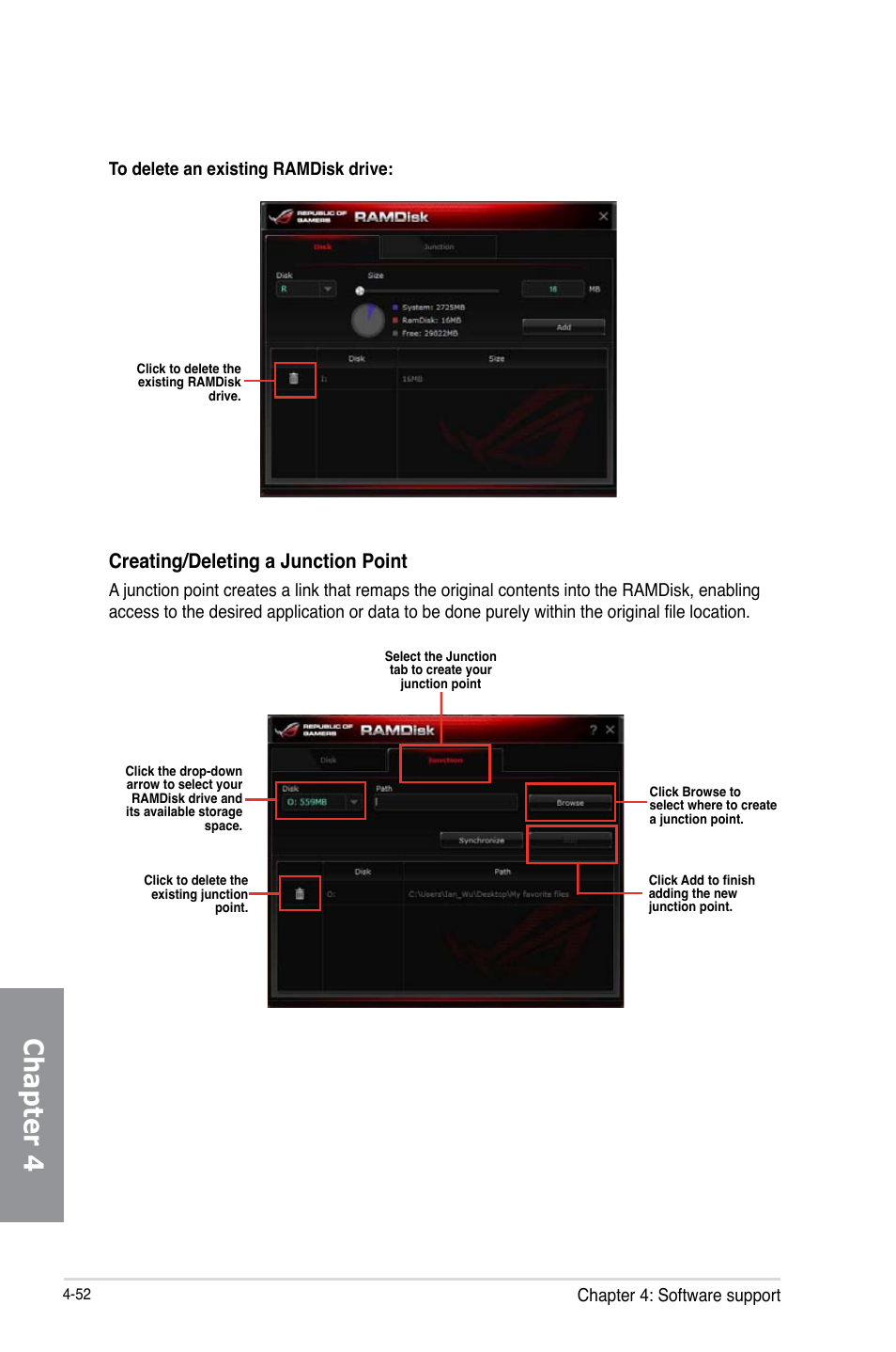 Chapter 4, Creating/deleting a junction point | Asus MAXIMUS VI IMPACT User Manual | Page 200 / 222