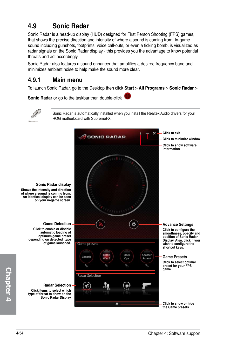 9 sonic radar, 1 main menu, Sonic radar -54 4.9.1 | Main menu -54, Chapter 4 4.9 sonic radar | Asus MAXIMUS VI IMPACT User Manual | Page 202 / 222