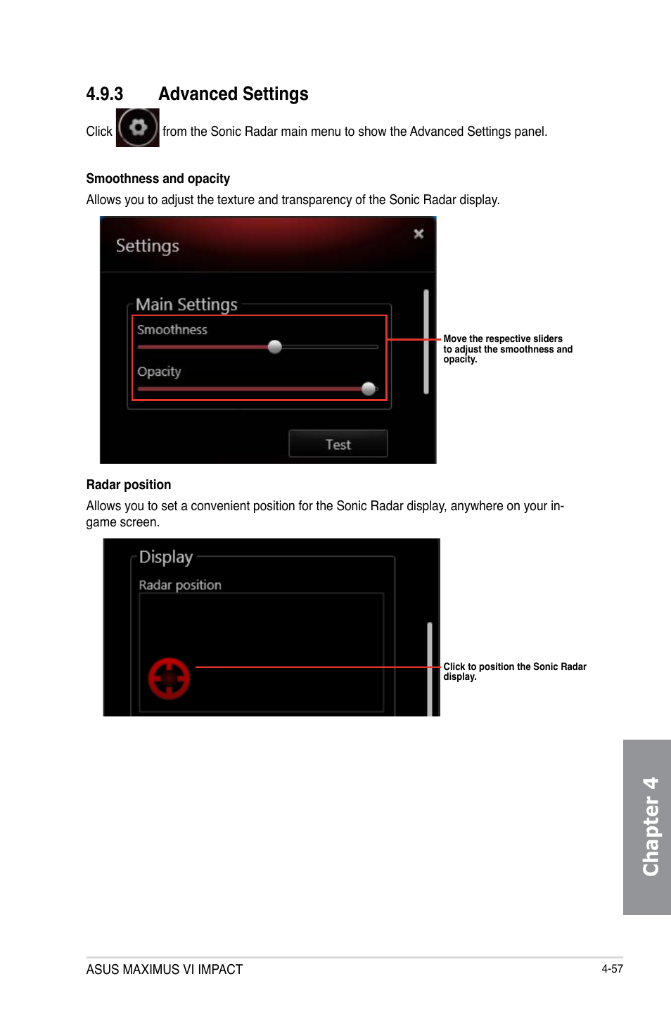 3 advanced settings, Advanced settings -57, Chapter 4 | Asus MAXIMUS VI IMPACT User Manual | Page 205 / 222