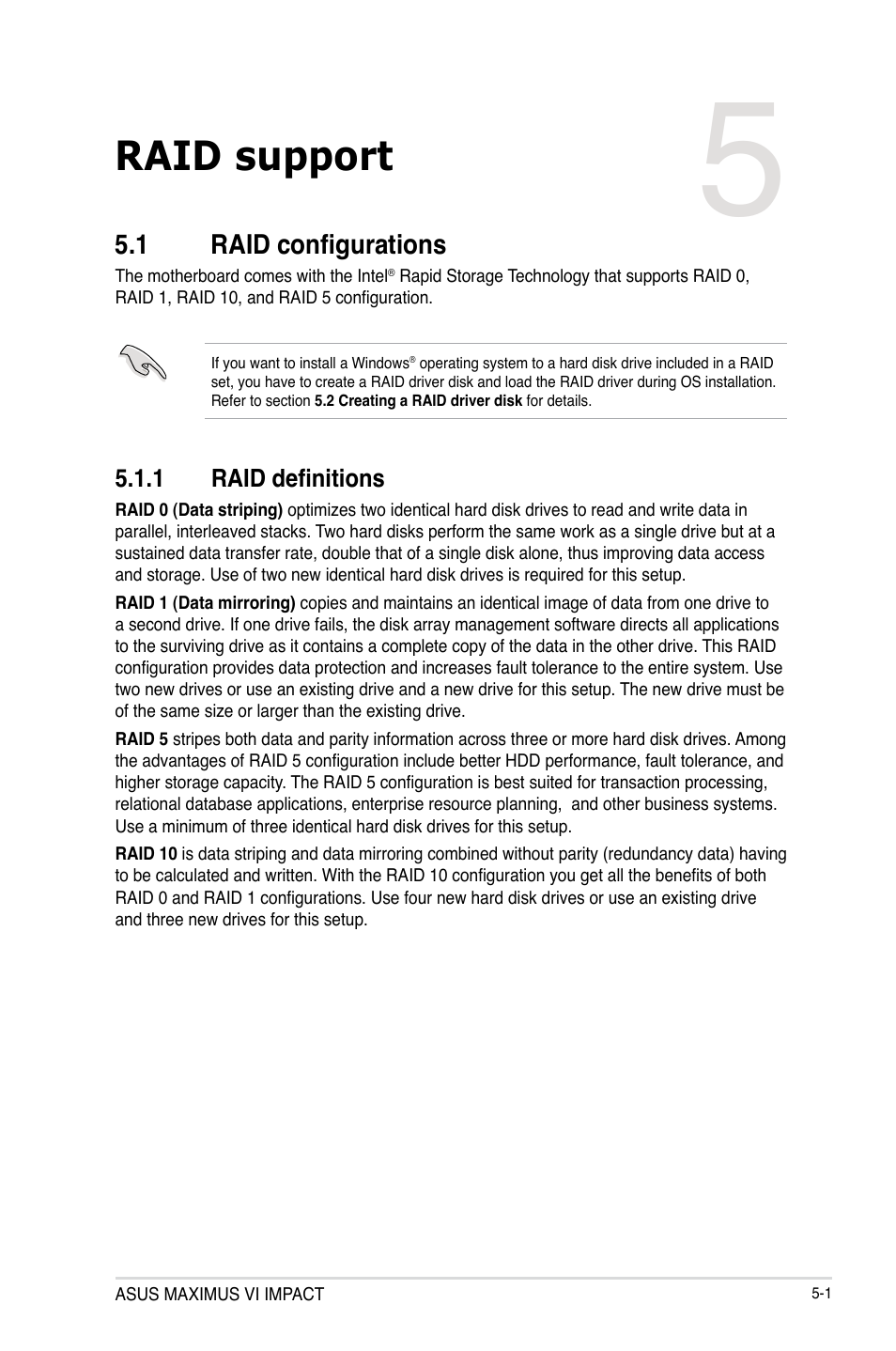 Chapter 5: raid support, 1 raid configurations, 1 raid definitions | Chapter 5, Raid support, Raid configurations -1 5.1.1, Raid definitions -1 | Asus MAXIMUS VI IMPACT User Manual | Page 209 / 222