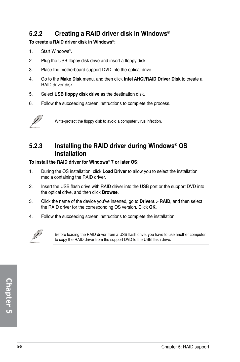 2 creating a raid driver disk in windows, Creating a raid driver disk in windows, Installing the raid driver during windows | Os installation -8, Chapter 5, 3 installing the raid driver during windows, Os installation | Asus MAXIMUS VI IMPACT User Manual | Page 216 / 222