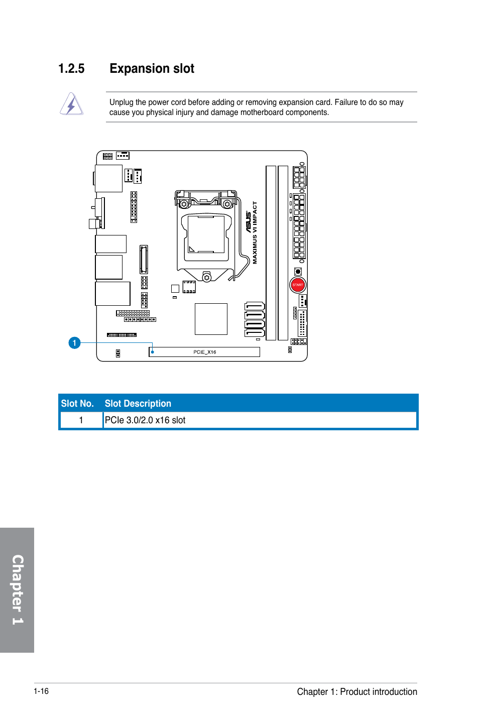 5 expansion slot, Expansion slot -16, Chapter 1 | Asus MAXIMUS VI IMPACT User Manual | Page 32 / 222