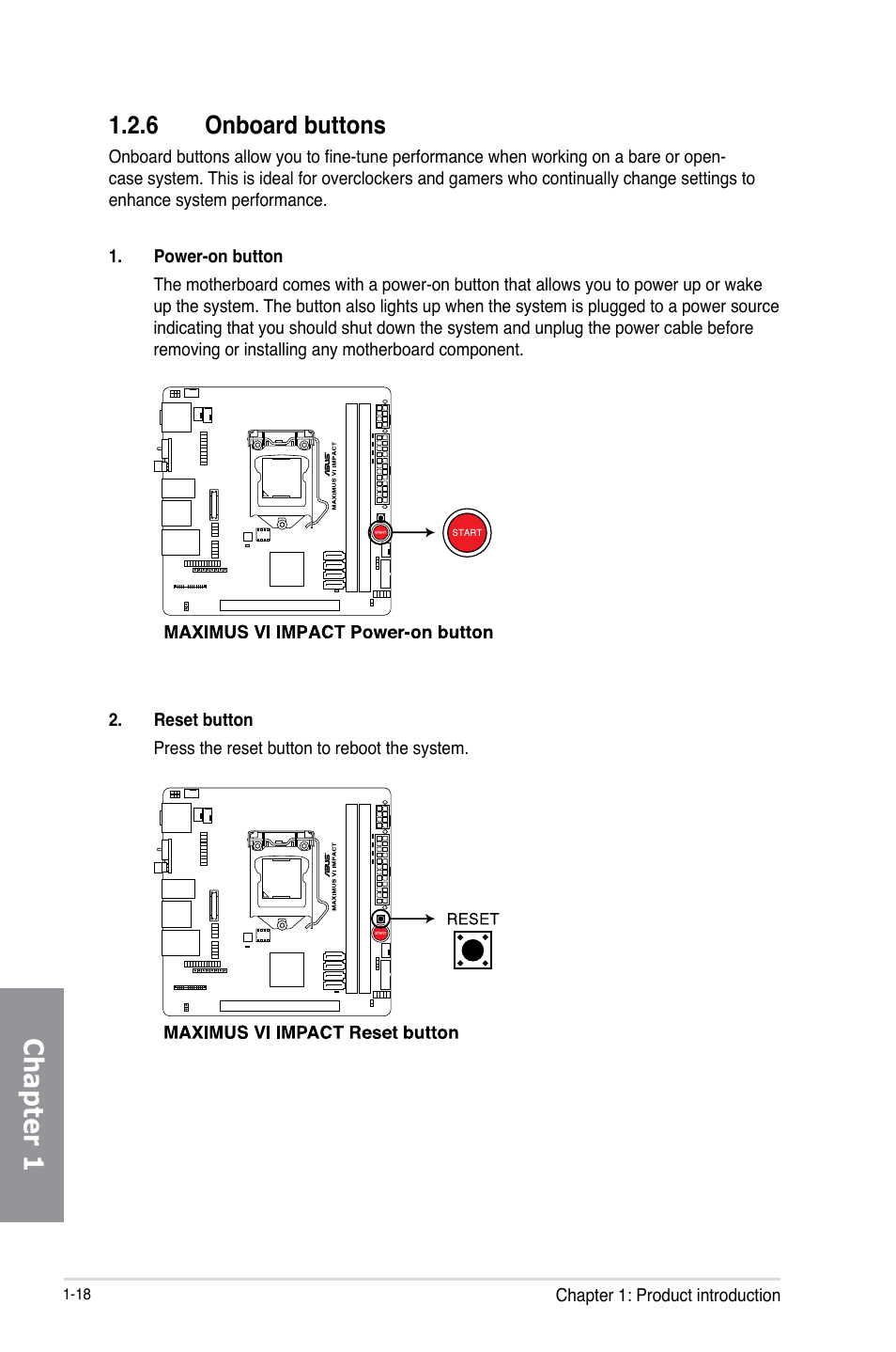 6 onboard buttons, Onboard buttons -18, Chapter 1 | Asus MAXIMUS VI IMPACT User Manual | Page 34 / 222