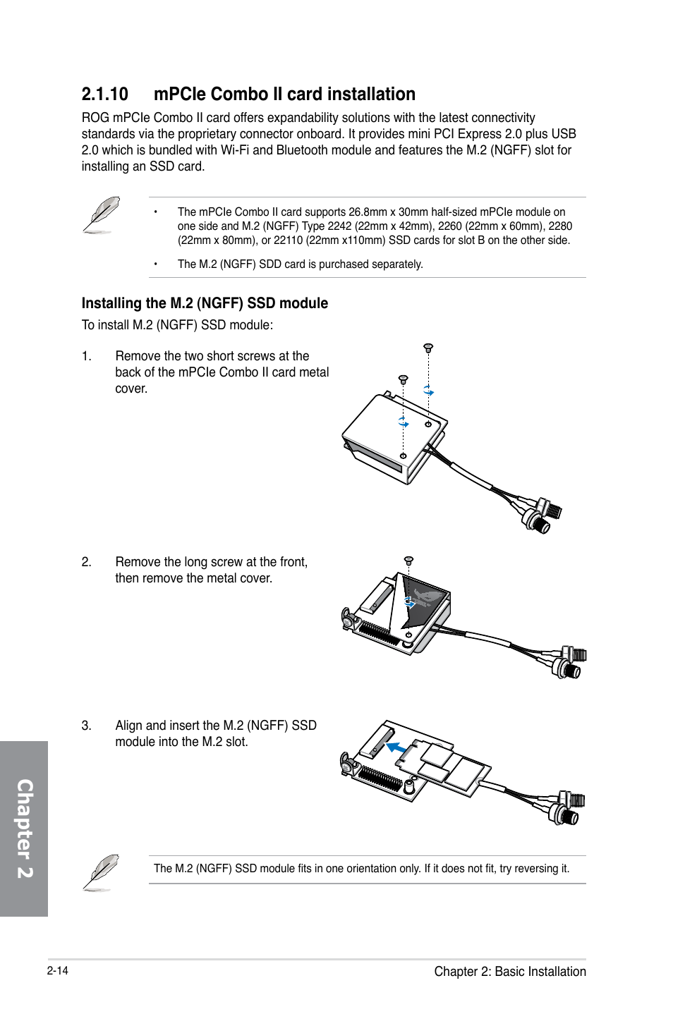 10 mpcie combo ii card installation, Mpcie combo ii card installation -14, Chapter 2 | Asus MAXIMUS VI IMPACT User Manual | Page 72 / 222