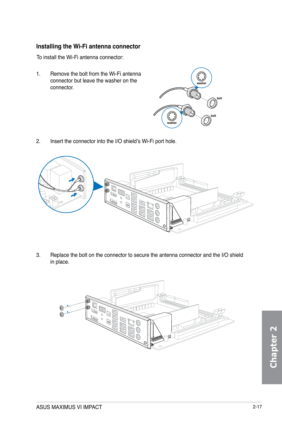 Chapter 2, Installing the wi-fi antenna connector | Asus MAXIMUS VI IMPACT User Manual | Page 75 / 222