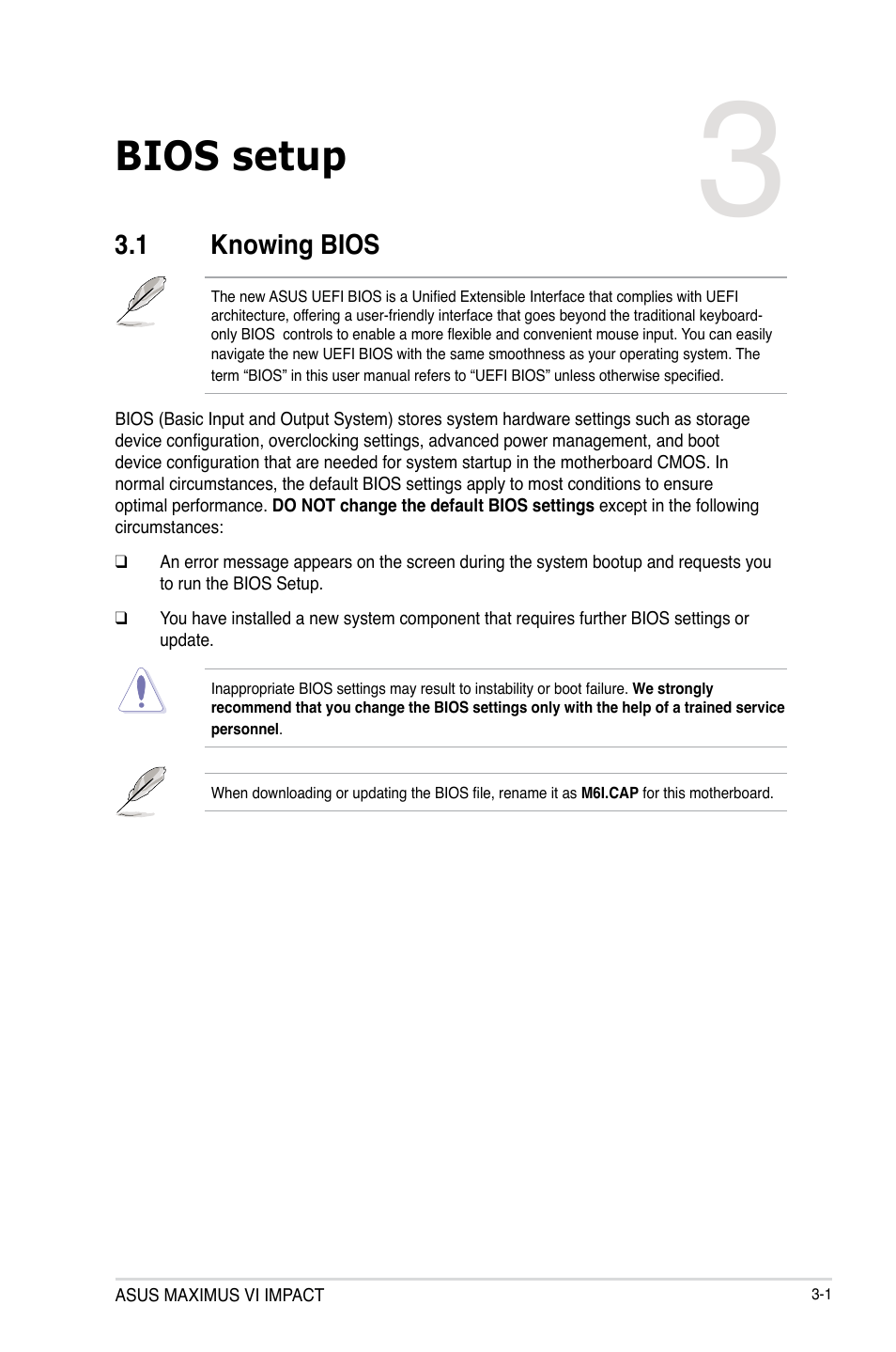 Chapter 3: bios setup, 1 knowing bios, Chapter 3 | Bios setup, Knowing bios -1 | Asus MAXIMUS VI IMPACT User Manual | Page 85 / 222