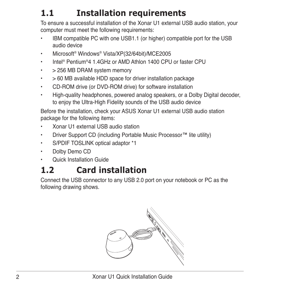 1 installation requirements, 2 card installation | Asus Xonar U1 Lite User Manual | Page 2 / 8