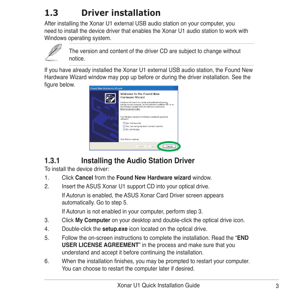 3 driver installation, 1 installing the audio station driver | Asus Xonar U1 Lite User Manual | Page 3 / 8