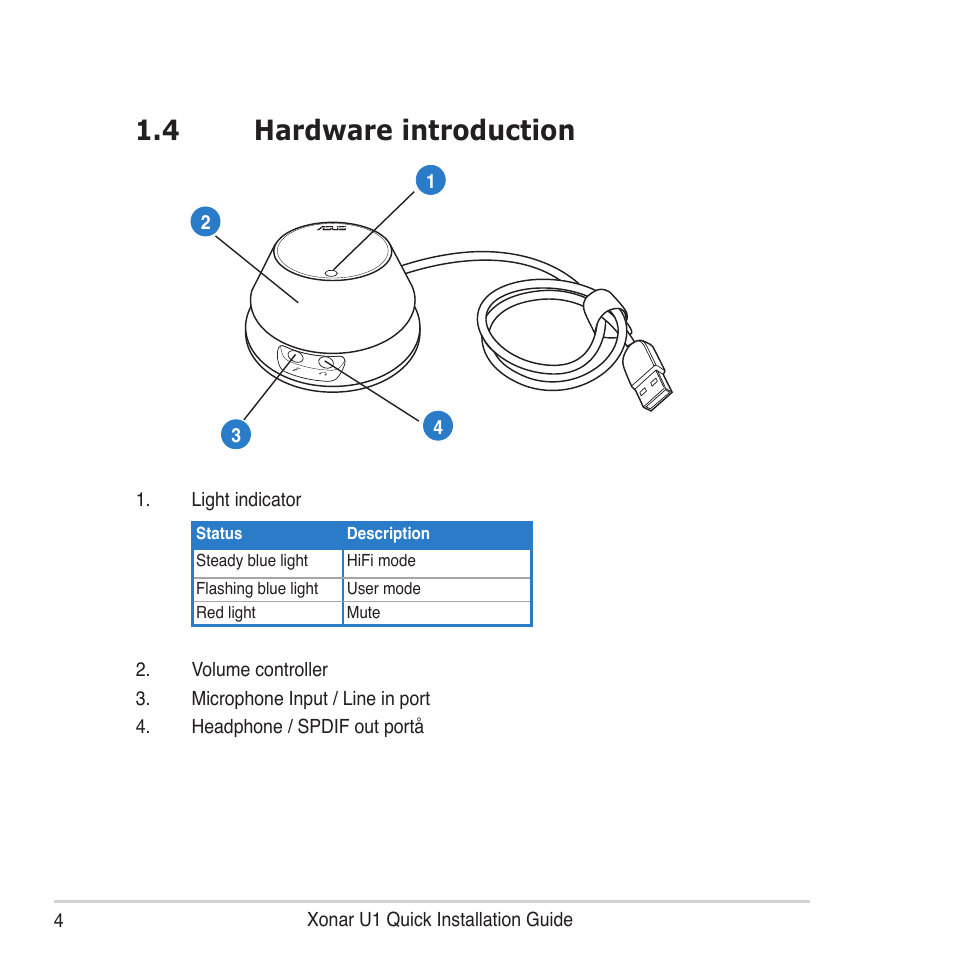 4 hardware introduction | Asus Xonar U1 Lite User Manual | Page 4 / 8