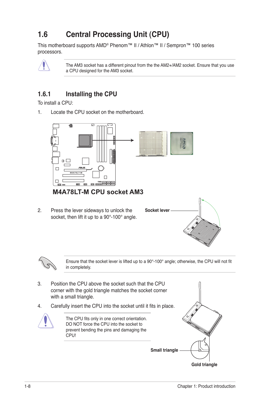 6 central processing unit (cpu), 1 installing the cpu, Central processing unit (cpu) -8 1.6.1 | Installing the cpu -8, M4a78lt-m cpu socket am3 | Asus M4A78LT-M User Manual | Page 18 / 64