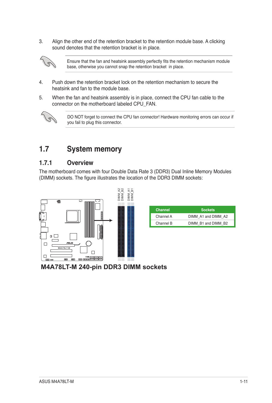 7 system memory, 1 overview, System memory -11 1.7.1 | Overview -11 | Asus M4A78LT-M User Manual | Page 21 / 64