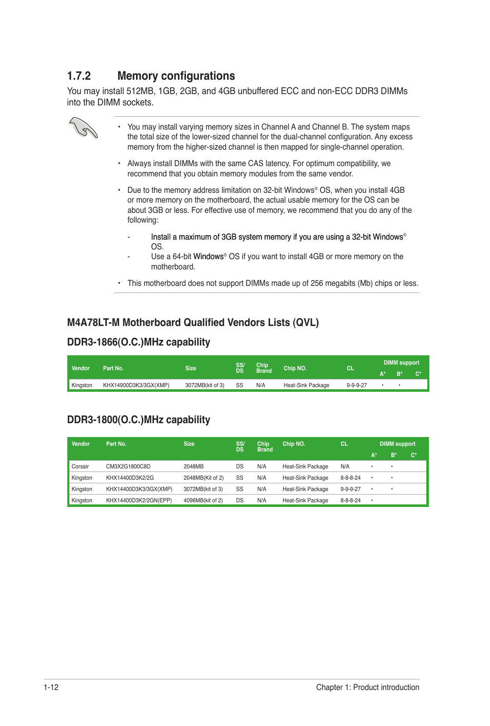 2 memory configurations, Memory configurations -12 | Asus M4A78LT-M User Manual | Page 22 / 64