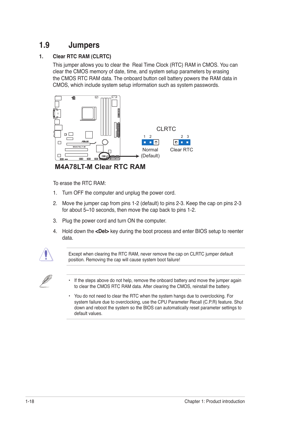 9 jumpers, Jumpers -18, M4a78lt-m clear rtc ram | Asus M4A78LT-M User Manual | Page 28 / 64