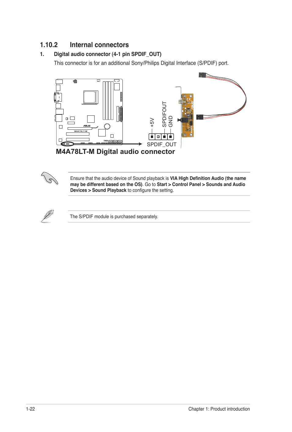 2 internal connectors, 2 internal connectors -22, M4a78lt-m digital audio connector | Asus M4A78LT-M User Manual | Page 32 / 64