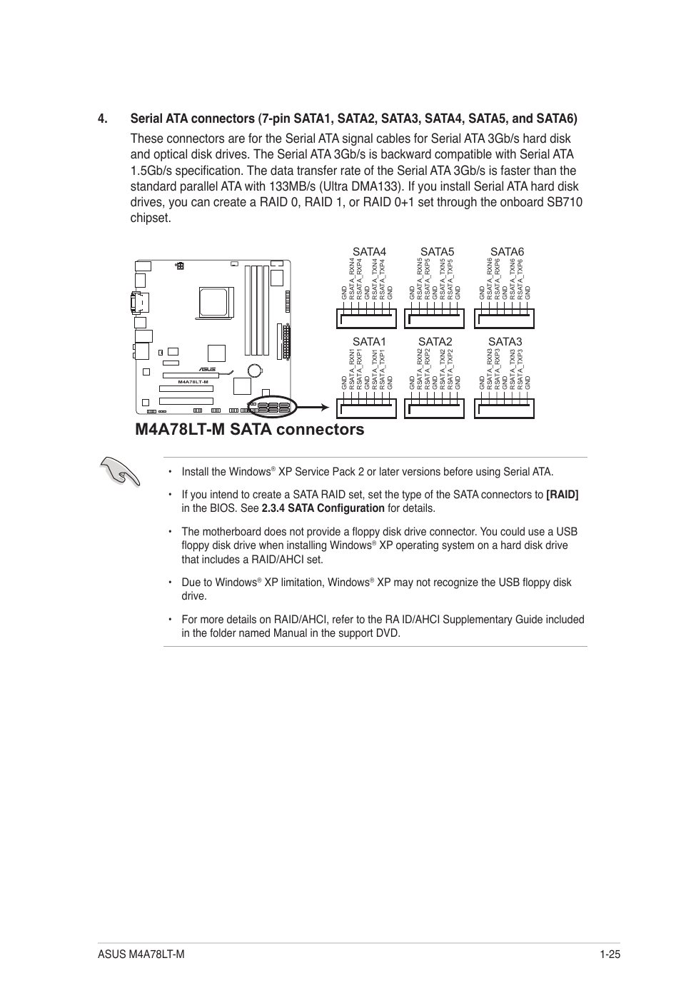 M4a78lt-m sata connectors, Install the windows, Xp limitation, windows | Sata4, Sata1 sata2, Sata5, Sata3 sata6 | Asus M4A78LT-M User Manual | Page 35 / 64