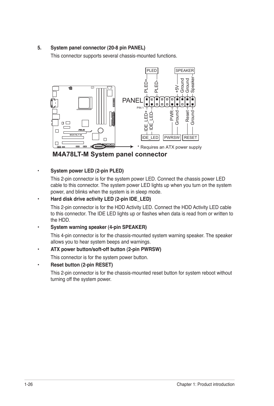 M4a78lt-m system panel connector, Panel | Asus M4A78LT-M User Manual | Page 36 / 64