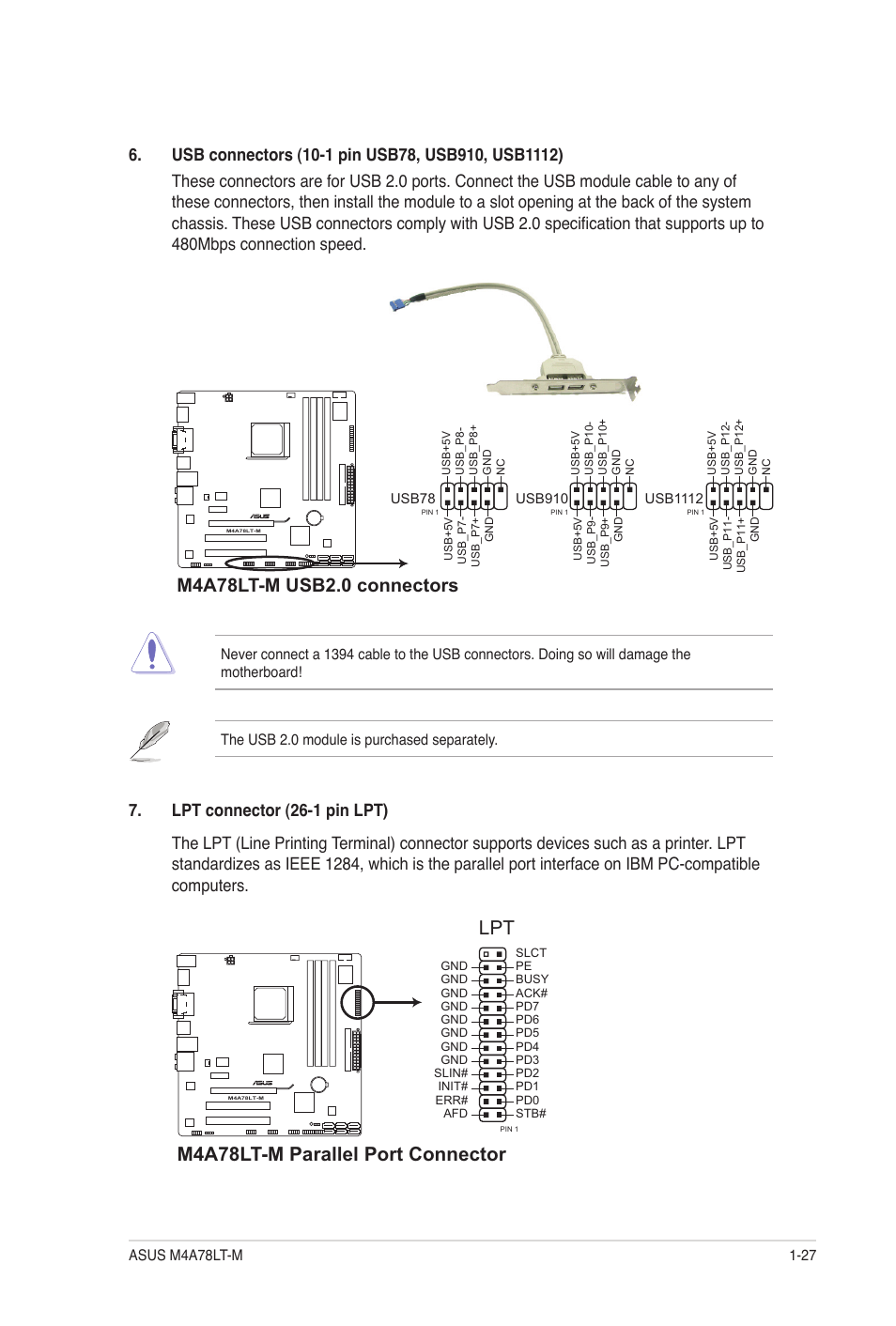M4a78lt-m parallel port connector | Asus M4A78LT-M User Manual | Page 37 / 64