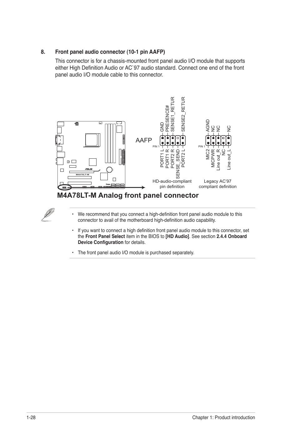 M4a78lt-m analog front panel connector, Aafp | Asus M4A78LT-M User Manual | Page 38 / 64