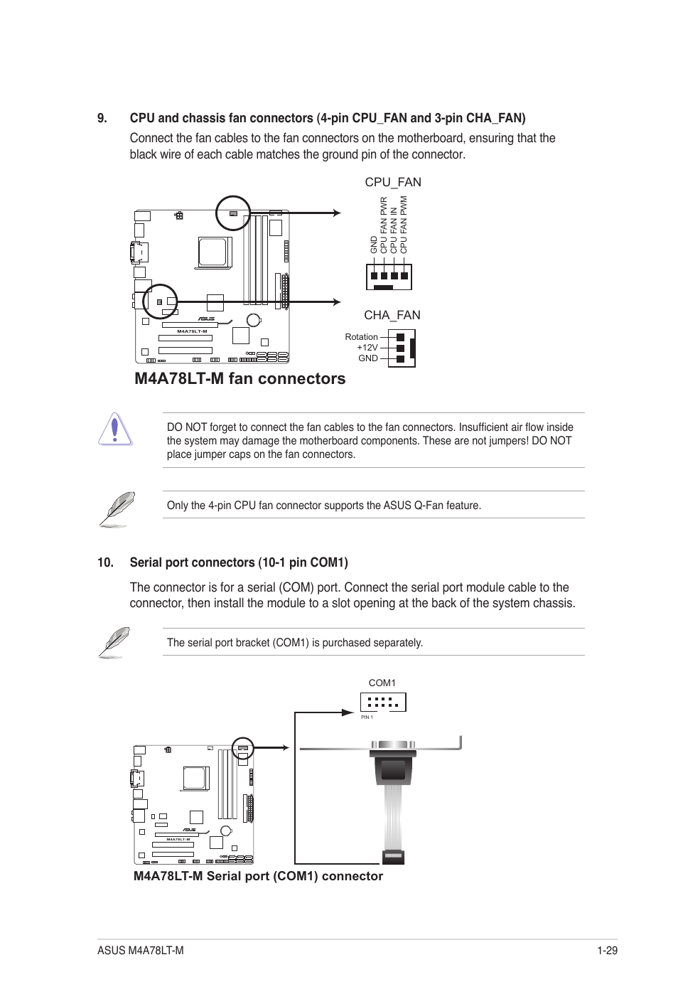 M4a78lt-m fan connectors, Cpu_fan, Cha_fan | M4a78lt-m serial port (com1) connector | Asus M4A78LT-M User Manual | Page 39 / 64