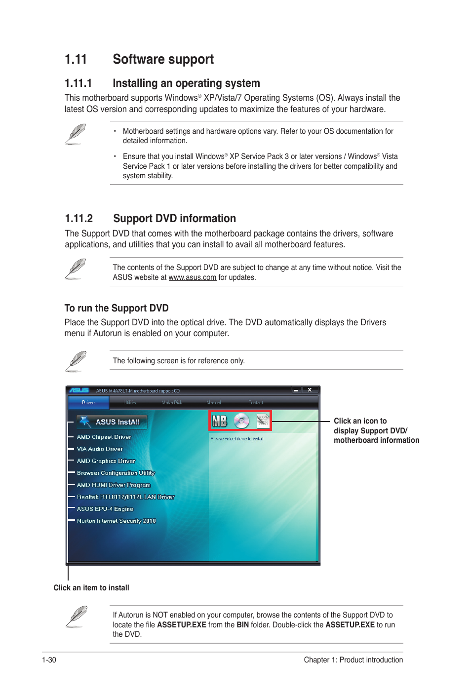 11 software support, 1 installing an operating system, 2 support dvd information | 11 software support -30 | Asus M4A78LT-M User Manual | Page 40 / 64
