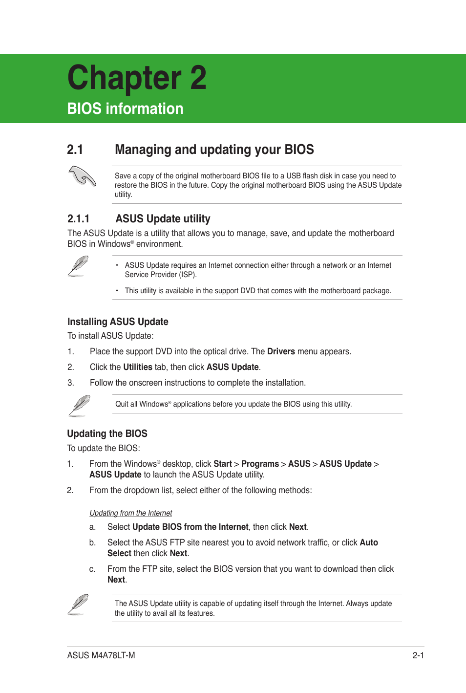 Chapter 2, Bios information, 1 managing and updating your bios | 1 asus update utility, Chapter 2: bios information, Managing and updating your bios -1 2.1.1, Asus update utility -1 | Asus M4A78LT-M User Manual | Page 41 / 64