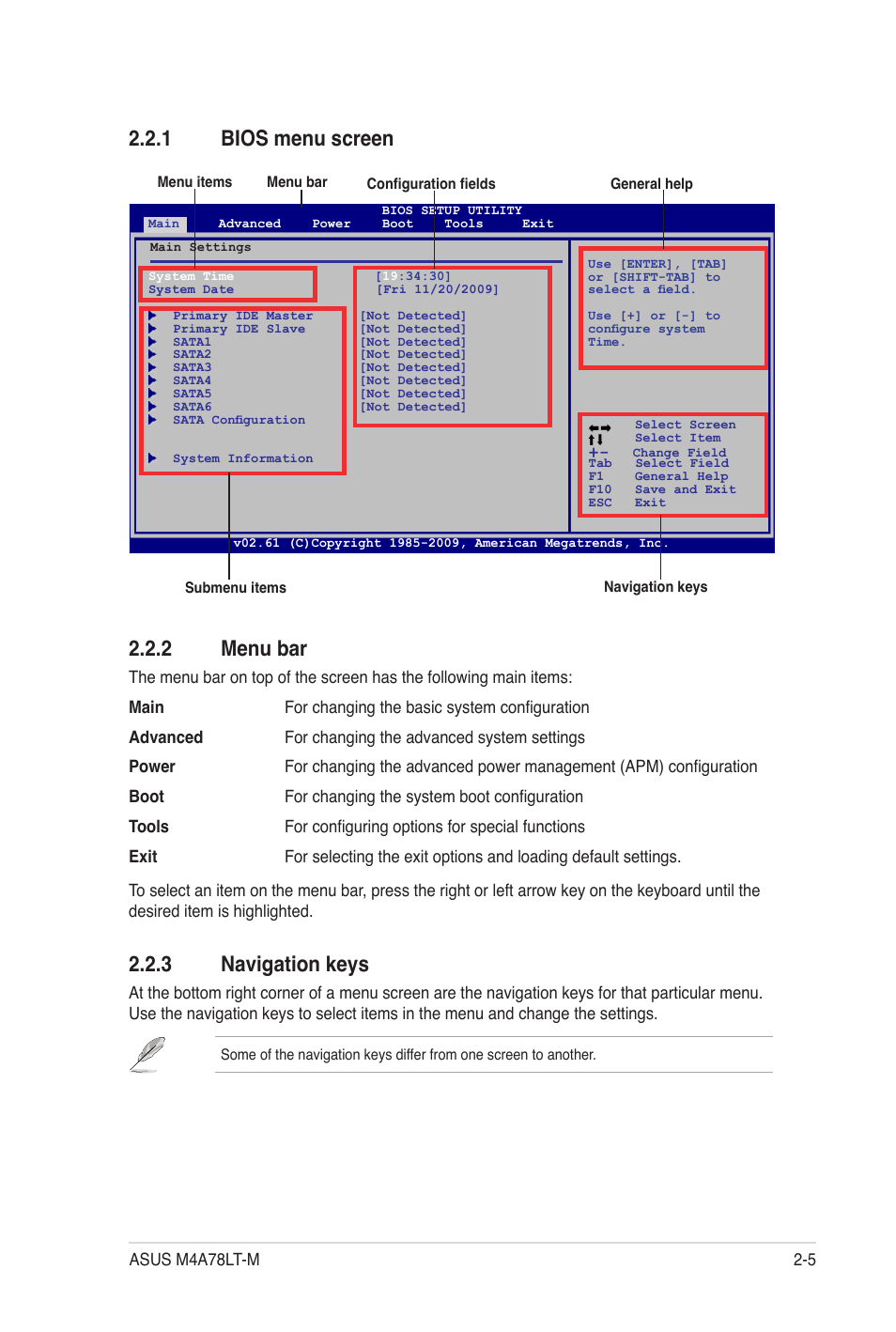 1 bios menu screen, 2 menu bar, 3 navigation keys | Bios menu screen -5, Menu bar -5, Navigation keys -5, 1 bios menu screen 2.2.2 menu bar | Asus M4A78LT-M User Manual | Page 45 / 64