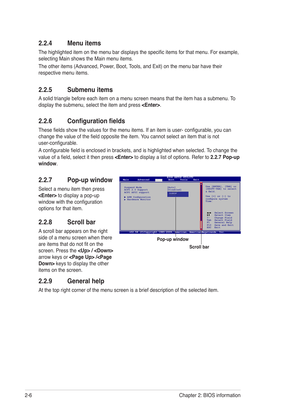 4 menu items, 5 submenu items, 6 configuration fields | 7 pop-up window, 8 scroll bar, 9 general help, Menu items -6, Submenu items -6, Configuration fields -6, Pop-up window -6 | Asus M4A78LT-M User Manual | Page 46 / 64