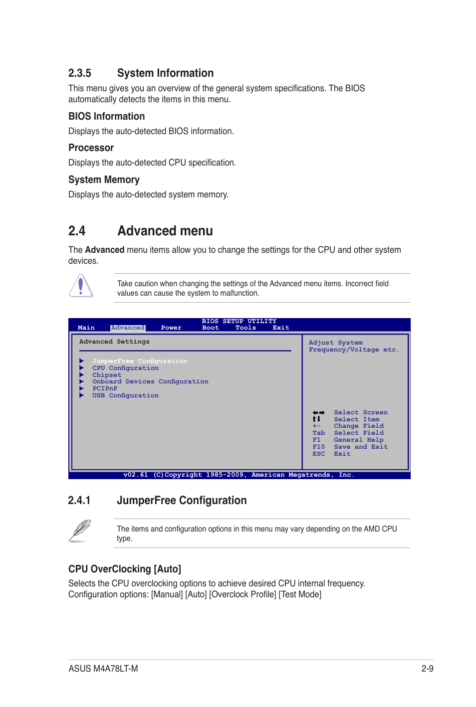 5 system information, 4 advanced menu, 1 jumperfree configuration | System information -9, Advanced menu -9 2.4.1, Jumperfree configuration -9, Bios information, Processor, Cpu overclocking [auto | Asus M4A78LT-M User Manual | Page 49 / 64