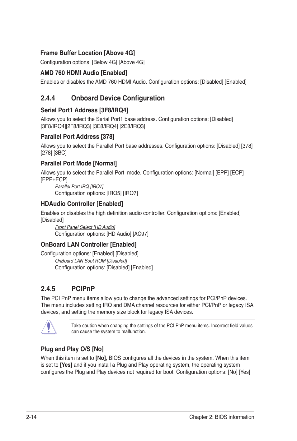 4 onboard device configuration, 5 pcipnp, 4 onboard device configuration -14 2.4.5 | Pcipnp -14 | Asus M4A78LT-M User Manual | Page 54 / 64