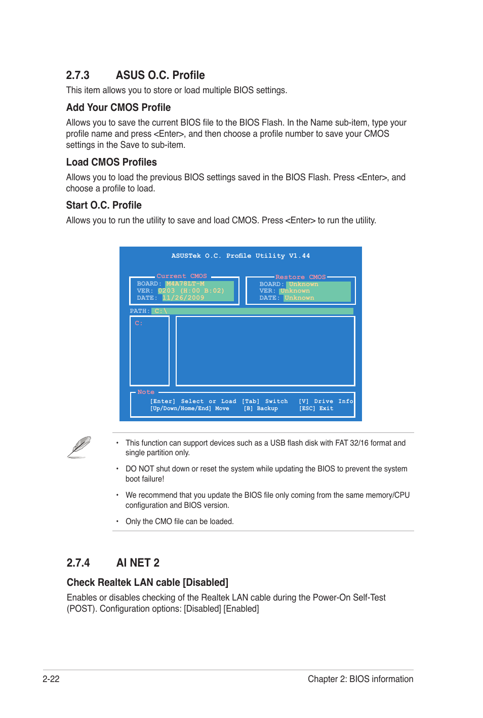 3 asus o.c. profile, 4 ai net 2, Asus o.c. profile -22 | Ai net 2 -22, Add your cmos profile, Load cmos profiles, Start o.c. profile, Check realtek lan cable [disabled | Asus M4A78LT-M User Manual | Page 62 / 64