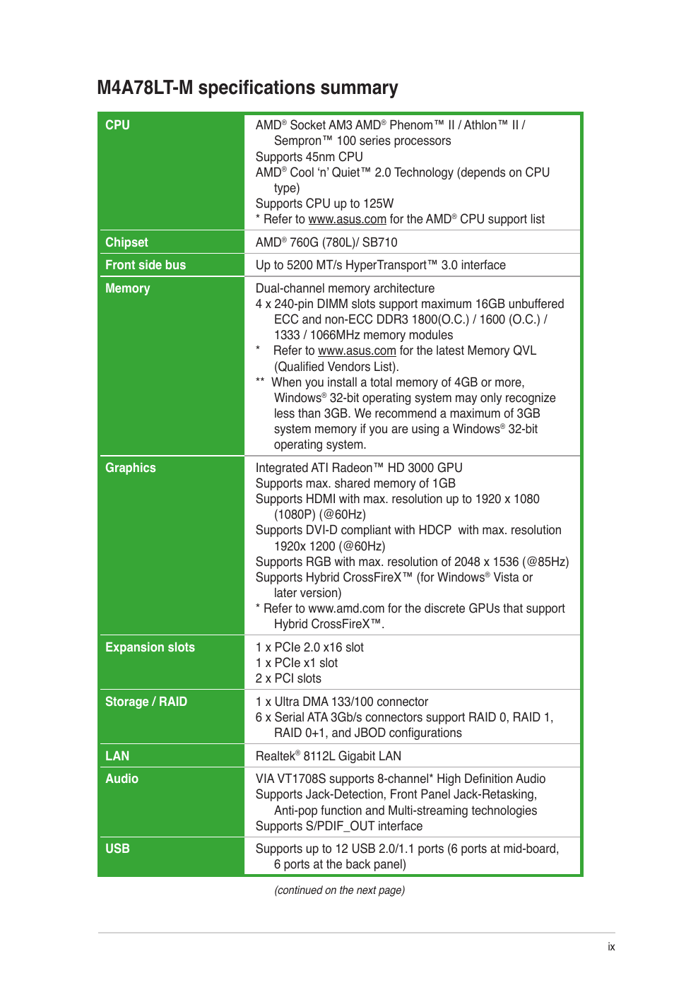 M4a78lt-m specifications summary | Asus M4A78LT-M User Manual | Page 9 / 64