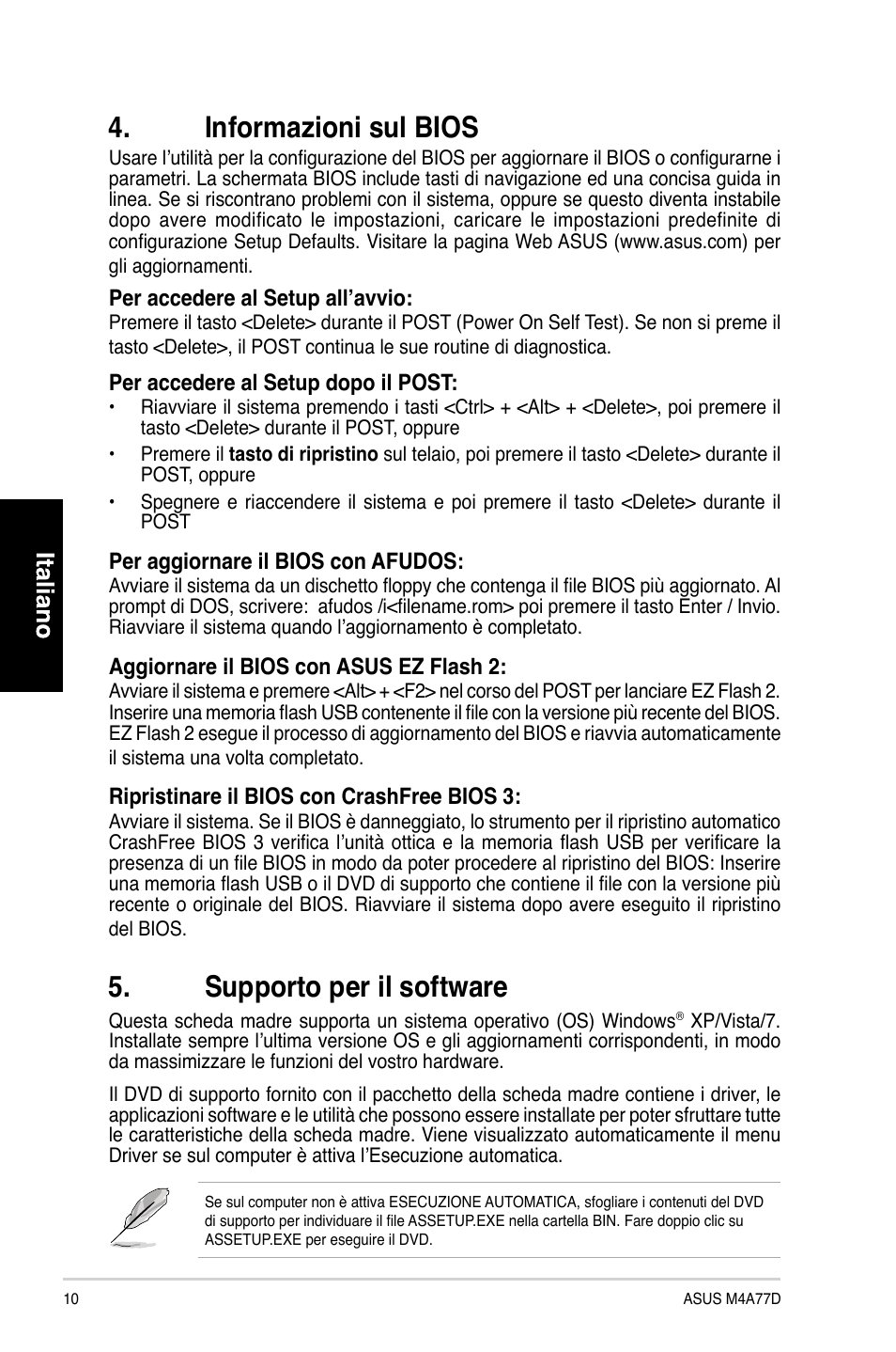 Informazioni sul bios, Supporto per il software | Asus M4A77D User Manual | Page 10 / 42