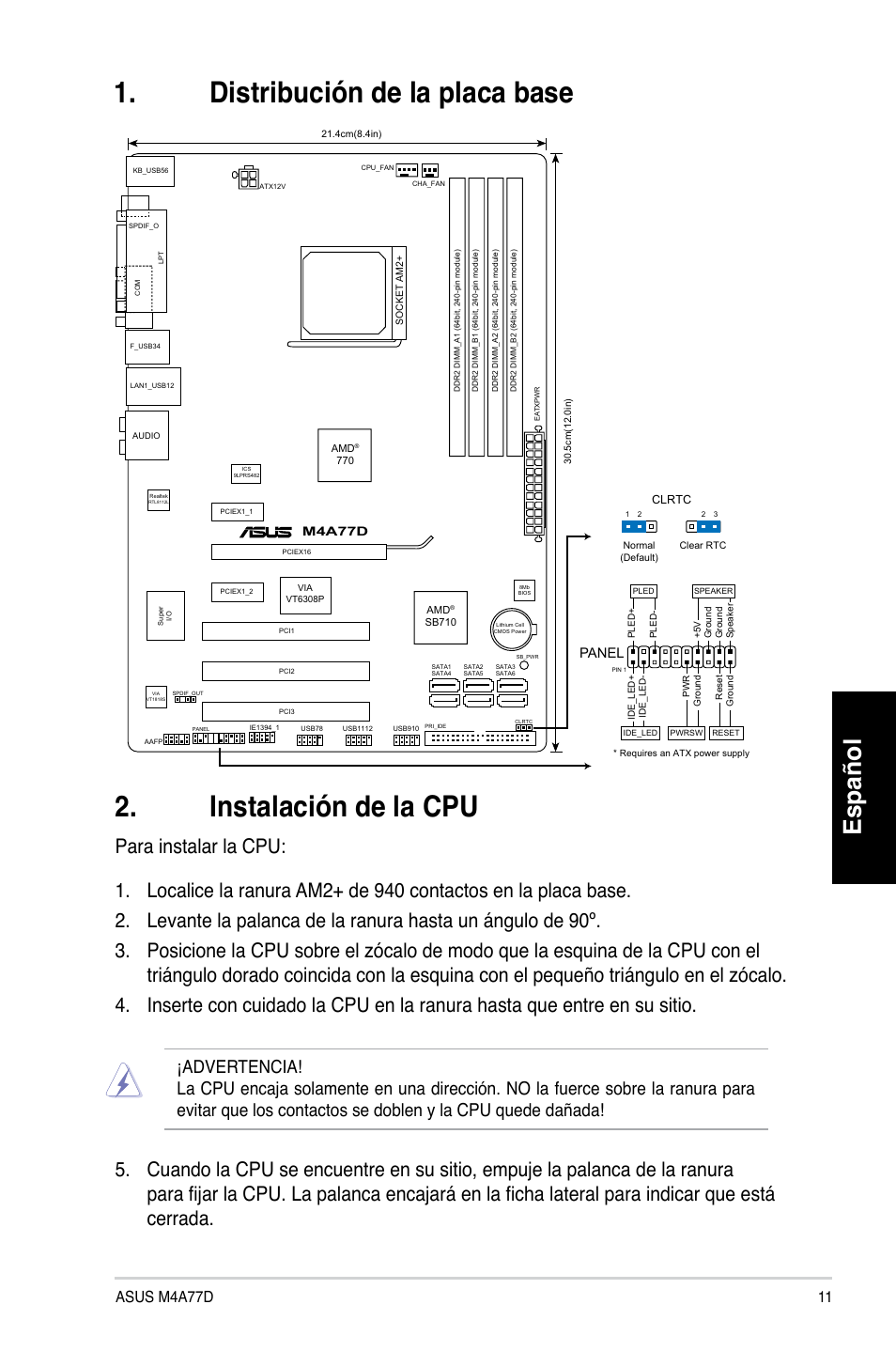 Español, Panel | Asus M4A77D User Manual | Page 11 / 42