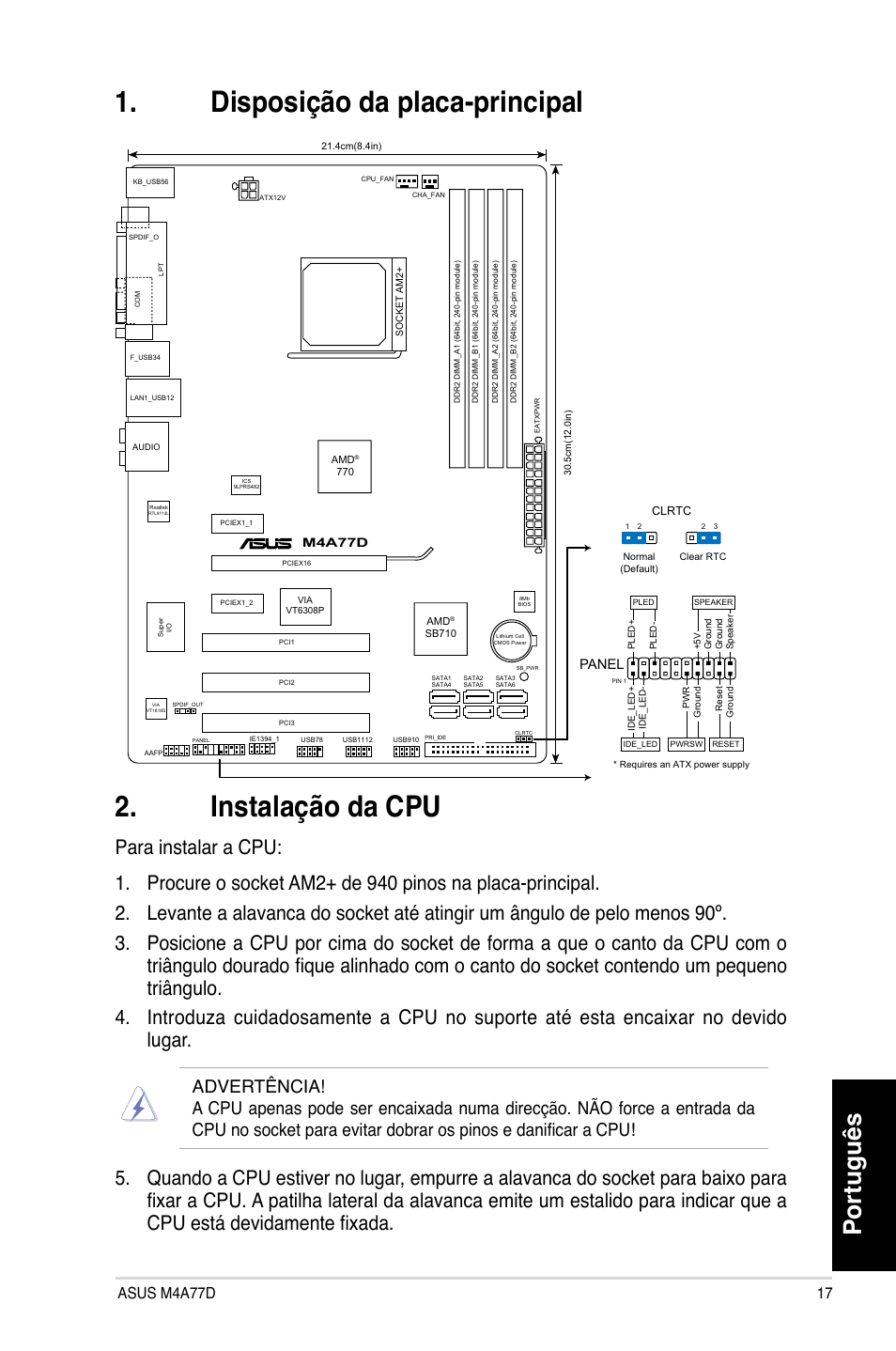 Disposição da placa-principal 2. instalação da cpu, Português, Panel | Asus M4A77D User Manual | Page 17 / 42