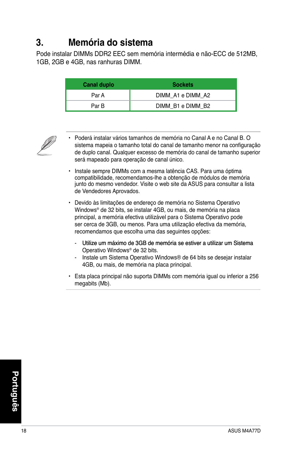 Memória do sistema, Português | Asus M4A77D User Manual | Page 18 / 42