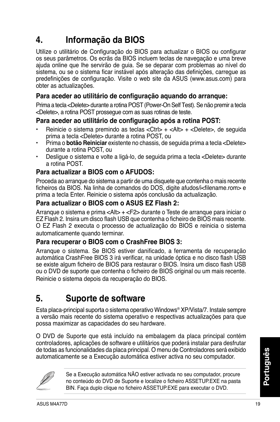 Informação da bios, Suporte de software, Português | Asus M4A77D User Manual | Page 19 / 42