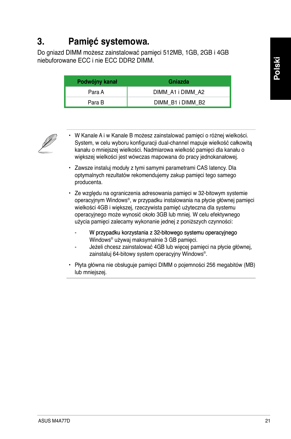 Pamięć systemowa, Polski | Asus M4A77D User Manual | Page 21 / 42